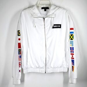 Forever 21 White Windbreaker With International Flags Hoodie M EUC